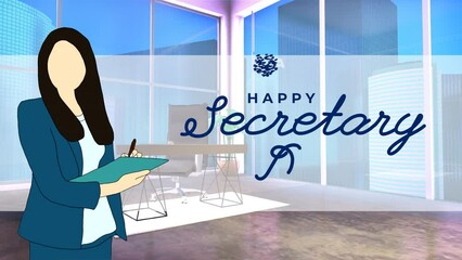 Happy Secretary Day Text Animation on office background with female secretary illustration. Great for Secretary Day Celebrations Around the World. 4k video greeting card.