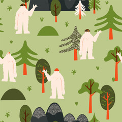 Cute waving Yeti vector seamless pattern. Various Yeti characters - ranger, girl, in a beanie in the woods, mountains.