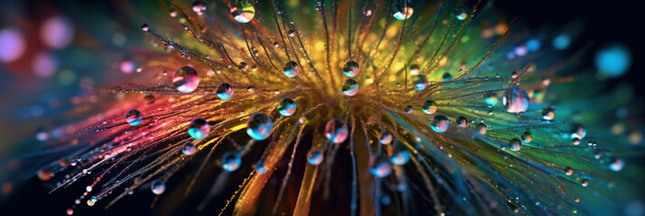 Illustration, Abstrakt, Kopf einer Löwenzahnblüte mit Tautropfen auf mehrfarbigem Hintergrund, Generative AI