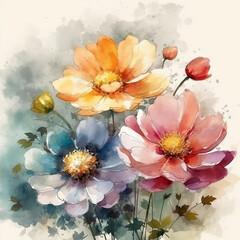 Background with colorful flowers in watercolor painting style. Generative AI
