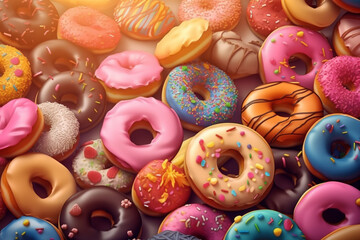 Food and cuisine concept. Various donuts with colorful sweet icings background. Generative AI