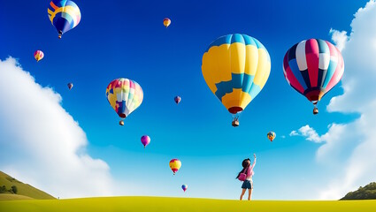 Obraz premium A girl in a field is waving in the wake of flying balloons. Bright sunny day and clear skies. Generative AI