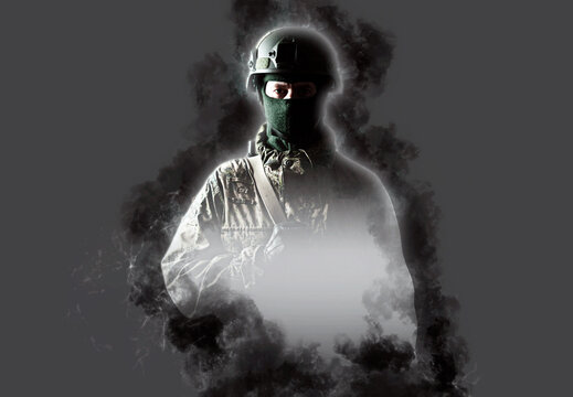 An armed soldier in military uniform holds a rifle in his hands on a gray background, studio