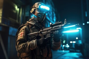 Fototapeta na wymiar Soldier in uniform with a rifle. Generative AI.