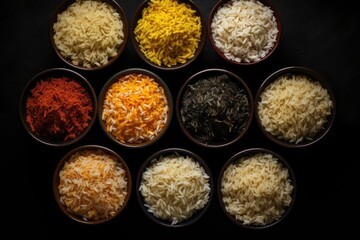 Assorted variety of gourmet rice in bowls On black background. Generative AI.