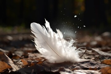 White feather falling on the ground. Generative AI.
