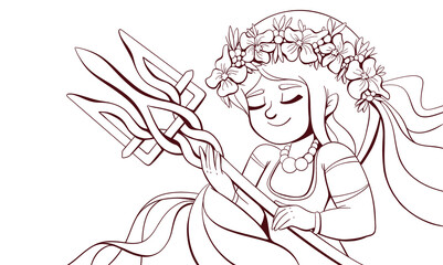 Line style illustration of a cute Ukrainian girl with a trident. It can be used as art, print, pattern, coloring book, etc.