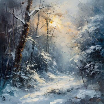 winter forest in the fog. illustration in oil painting style. Generative AI.