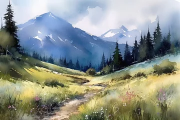 Canvas schilderij Kaki Landscape mountain in watercolor painting style. Illustration generative AI  © Ornavi