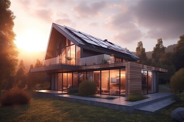 Obraz premium house in the sunset. Solar panels on the roof.. Generative AI