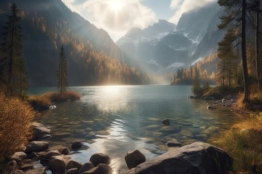 lake in the mountains. Generative AI