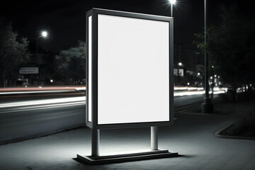 Empty space advertisement board, blank white signboard on roadside in city, Vertical blank billboard in city in night time, generative ai	
