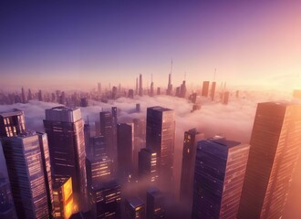 Aerial view of futuristic city covered with fog, skyscraper, day, sunlight, golden hour, aerial view, created with Generative AI technology