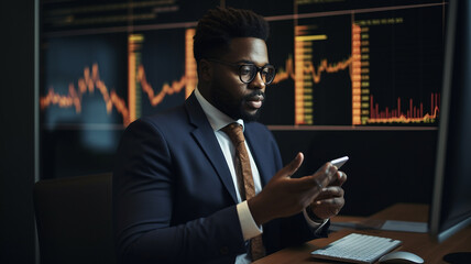 Young man moustached with glasses trading important stocks exchange, buying selling shares, and giving advises to shareholders. African executive on a world market, black businessman analyzing data.