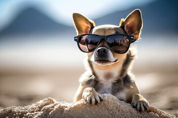 Chihuahua posing on a beach wearing sunglasses (Ai generated)
