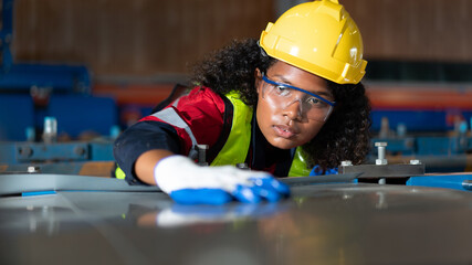 Industrial Engineers or Foreman inspecting and check up machine at factory machines.Technician...