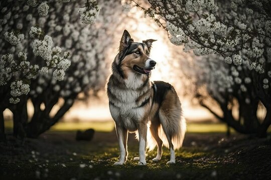 Dog standing under blossoming tree on spring (Ai generated)