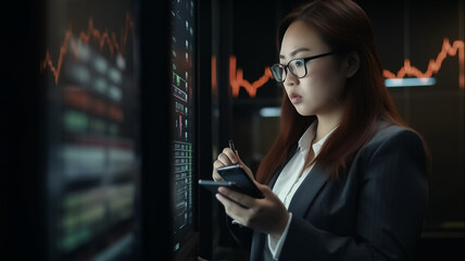 A young woman trading in an important stocks exchange, buying and selling shares, and giving advises to shareholders. Ultra-realistic illustration created with generative AI. - obrazy, fototapety, plakaty