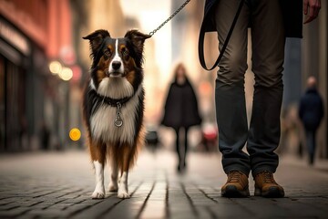 Dog walking politely on a leash with its owner (Ai generated)