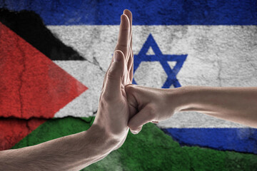 Israel Fist into Palestine Palm - we stand with Palestine. Flag of Palestine with fist to show support for Palestine banner. clenched hand support freedom