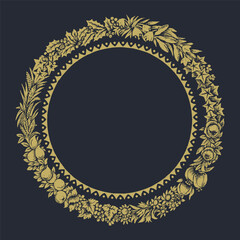 A gold Mandala with a floral pattern on a black background