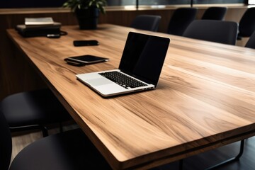 Laptop on a large wooden table in a workplace. Generative AI.