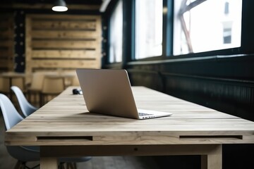 Modern laptop on a large wooden table in a workplace. Generative AI.