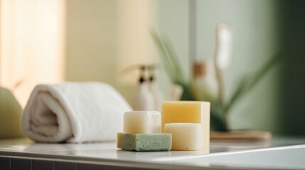 Fototapeta na wymiar Soap towel in bathroom on blurred spa. Generative AI