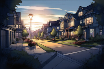 Neighborhood caricature with houses illuminated.