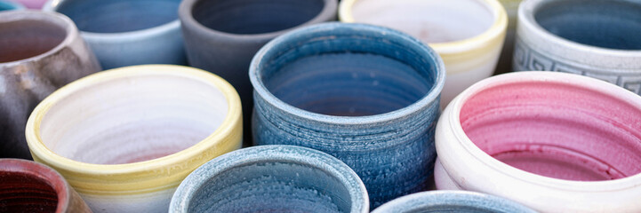 Empty ceramic flower pots in greenhouse or hothouse