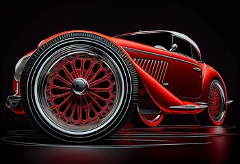 Fototapeta na wymiar a red car with a chrome rim and a chrome hood and wheels is shown in a black background with a red background. Generative AI