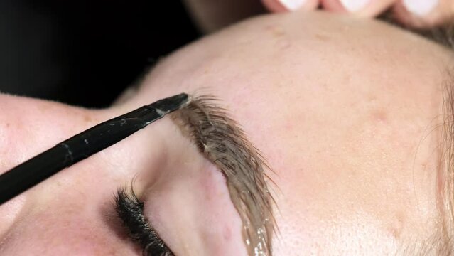 Master spreads paint on eyebrows of female client carefully using brush. Woman with closed eyes enjoys brow lamination in salon closeup