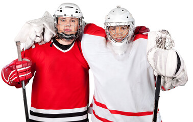 Male ice hockey players in helmets holding hockey sticks on a white background