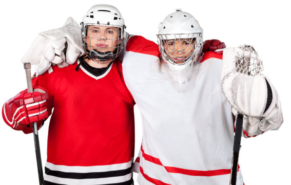 Male ice hockey players in helmets holding hockey sticks on a white background
