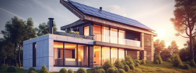 solar panels, on the house in the field, green tariff. Generative AI