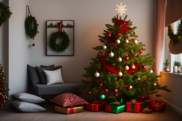 Plakat Christmas tree background with gold blurred light