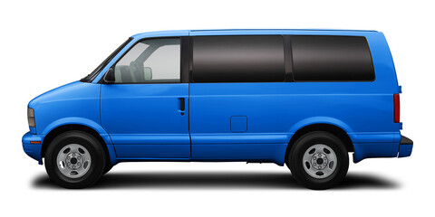 Small passenger classic minibus in light blue color, isolated on a white background.