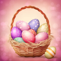 colorful eggs in a basket on a pink background. Happy Easter. Image generated using AI