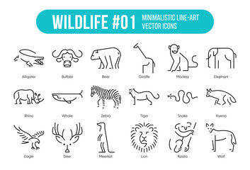 Obraz premium Set of Wildlife Icons Minimalistic and simple Line illustrations - Eighteen animals
