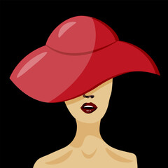 Beautiful fashion portrait of Woman in Hat isolated on black background. Female portraiture. Vector illustration. Beauty lady.