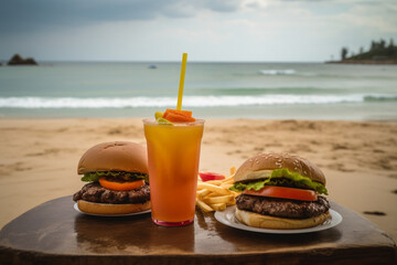 A handmade hamburger, with 2 meats, barbecue sauce, bacon, melted cheddar cheese, lettuce, tomato