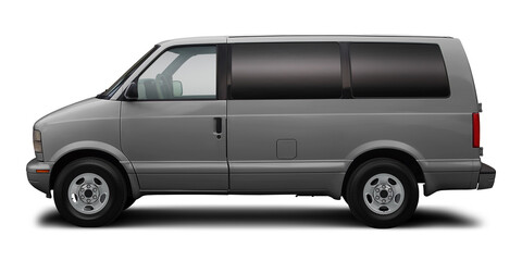 Small passenger classic minibus in gray color, isolated on a white background.