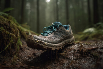 Fototapeta na wymiar Close-Up of Woman's Trail Running Shoe Sinking into Soft Soil on Forest Trail