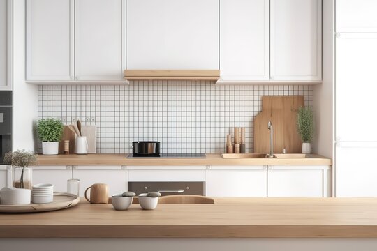 Minimalist Scandinavian Kitchen Room Interior Design with Small Blank Poster Mock-up, Generative AI