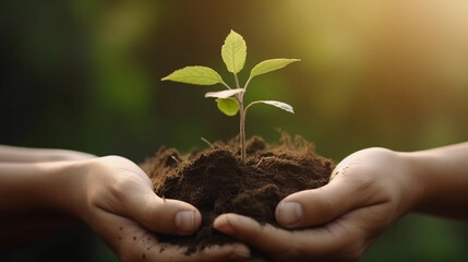 hands hold a young plant on a spring green background with soil. Ecology concept. Earth Day