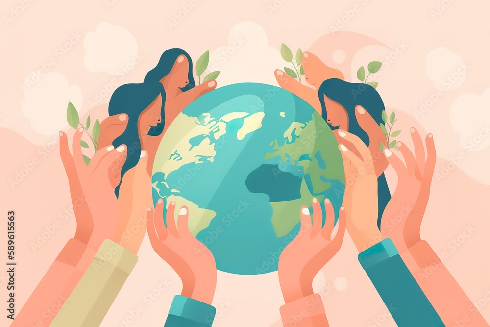 Wall mural earth day concept human hands holding floating globe in space save our planet flat style vector isol