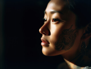 Fototapeta premium Close up of asian adult woman with tattoo seen from the side with dramatic lighting with mindful look Generative AI
