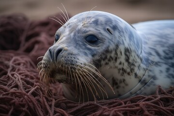 A Grey Seal at Horsey Beach in Norfolk England, tragically caught in a section of fishing net. Generative AI