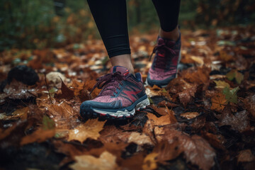 Close-Up of Woman's Trail Running Shoe Sinking into Soft Soil on Forest Trail