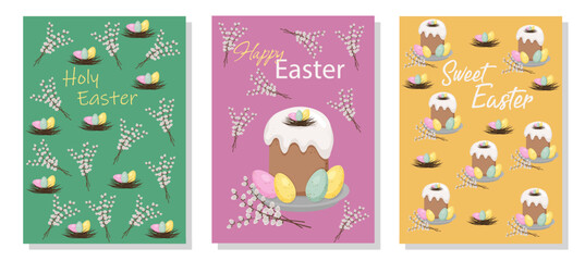 Set of templates for holiday cards. Illustrations of Easter cakes with colored eggs in nests and willow branches.